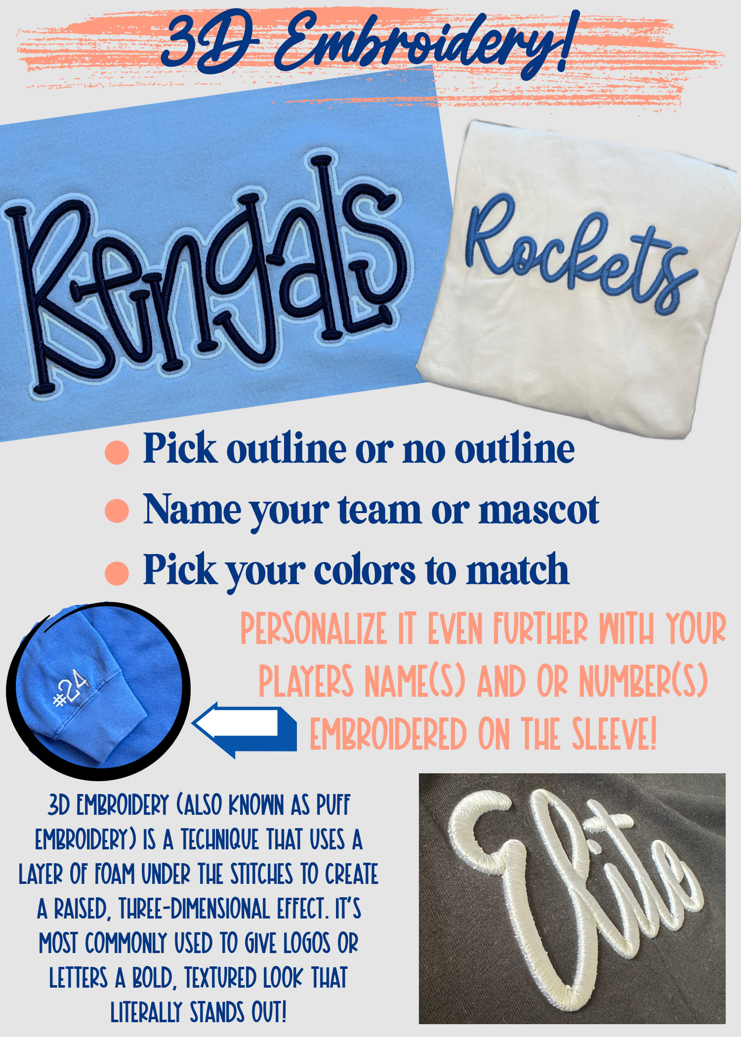 3D embroidery- Custom Team/Mascot